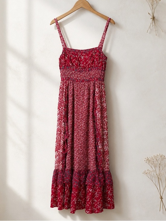 Free People Dresses & Skirts - Free People Size 2 Red Floral Maxi Dress Ruffle Boho Tiered Cottagecore Sundress